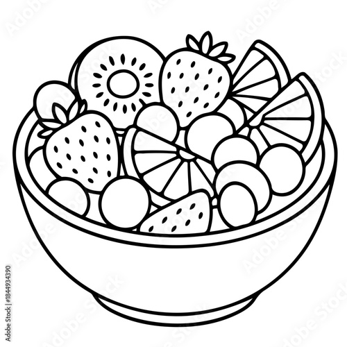 Fruit Fiesta Bowl: A refreshing, black and white illustration of a bountiful fruit bowl. Filled with an assortment of healthy and vibrant fruits, it's a celebration of nature's sweet treats.