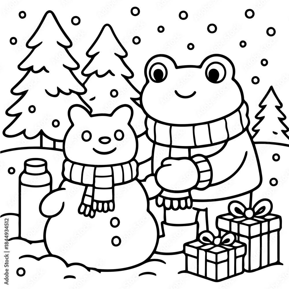 Fototapeta premium Winter Frog's Gift: Delightful illustration of a charming frog and snowman, embraced by a flurry of snowflakes, alongside gift boxes, and pine trees. A scene evoking winter joy and festive cheer.