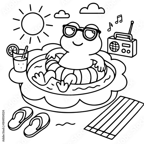 Frog's Leisure: A frog with glasses basks in a pool under the bright sun, sipping a refreshing drink, and enjoying the tunes from a radio, embodying a perfect day of leisure.