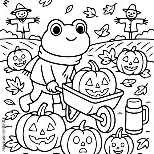 Autumn Harvest Illustration: A cheerful frog transports a carved pumpkin in a wheelbarrow amidst falling leaves and cheerful scarecrows, capturing the essence of the autumn harvest season.