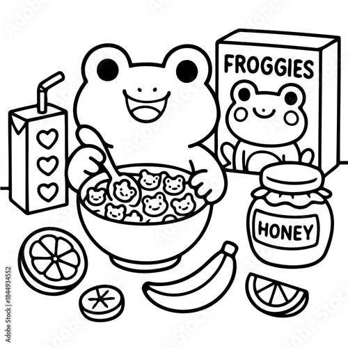 Frog Cereal Feast: A cheerful illustration of a frog enjoying a bowl of cereal, surrounded by a carton of juice, fruit and honey