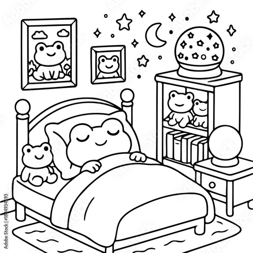 Sweet Dreams: A peaceful cartoon frog rests serenely in their cozy bed, surrounded by charming decor and a celestial night scene, inviting comfort and tranquility.