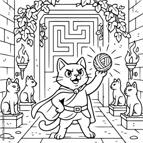 Kitten Maze Guardian: A valiant feline stands triumphantly amidst an ancient maze, clutching a luminous ball of yarn, exuding confidence and control, as stone feline statues stand guard.