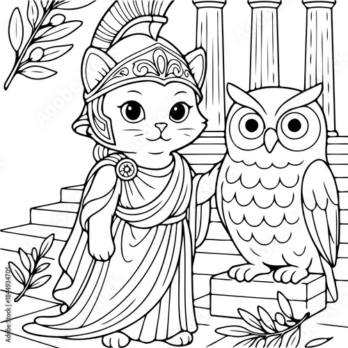 Wise Companions: A charming cat dressed as Athena stands alongside a wise owl, the setting evokes the heart of ancient Greece. 
