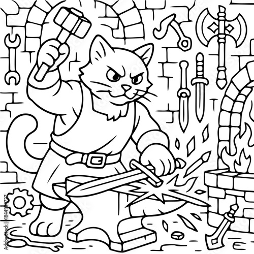 Feline Blacksmith Crafting Steel: A determined cat, embodying the spirit of a blacksmith, passionately forges a sword amidst sparks, surrounded by tools of the trade.