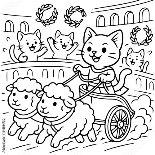 Cat in a Chariot: A playful illustration depicts a triumphant cat driving a chariot pulled by sheep, cheered on by fellow feline spectators in an ancient arena setting.