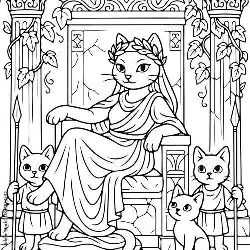 Cat in Classical Regal Pose: A majestic cat, adorned with a laurel wreath, sits regally on a throne, embodying ancient elegance, flanked by loyal companions, evoking a sense of history and charm.