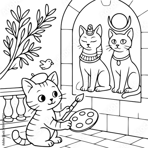 Artistic Feline's Creative Studio: A charming cat, adorned with a painter's beret, passionately crafts art, capturing the whimsical scene in its creative atelier.