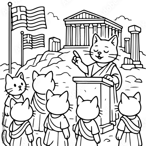 Ancient Greek Cats and The Acropolis: A whimsical illustration depicts a gathering of feline philosophers and their leader in classical robes, addressing the audience at the foot of the Acropolis.