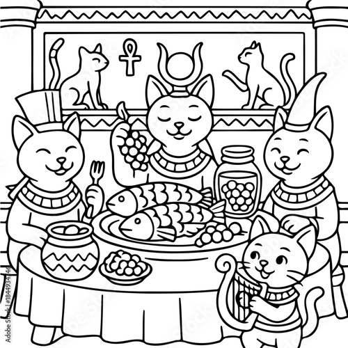 Ancient Egyptian Cat's Feast: A charming illustration depicts a whimsical gathering of Egyptian cats enjoying a lavish feast, with ancient symbols and motifs adorning the scene.