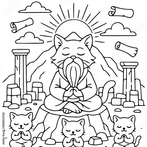 Zen Master Cat: An enlightened feline, adorned with a flowing beard and serene expression, meditates atop a mountain, radiating tranquility with the sun's gentle embrace.
