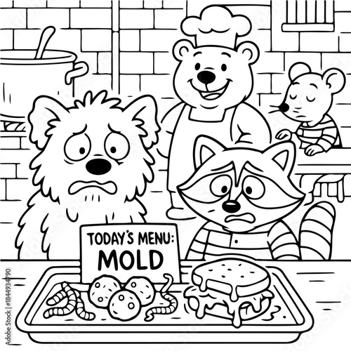 Culinary Chaos: A whimsical illustration captures a humorous scene in a kitchen with various characters. The menu presents MOLD and the dishes make you laugh.