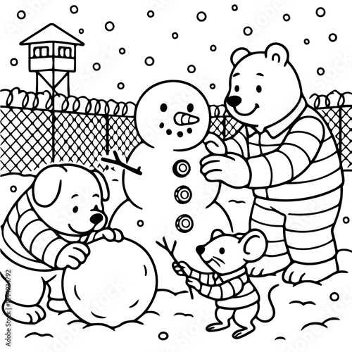 Winter Wonderland Behind Bars: A heartwarming scene unfolds as a group of friendly animal figures in a snowy prison setting, with snowman-building, creating a symbol of innocent.