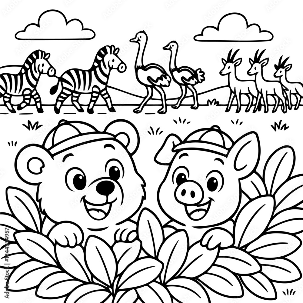 Obraz premium Safari Friends: A delightful illustration showcases a charming pig and bear, playfully observing a vibrant safari scene. With smiling expressions, the duo watches zebras, ostriches, and deer.