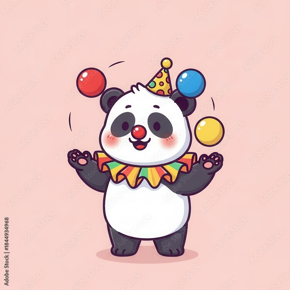 Obraz premium Adorable cartoon panda character performs juggling act while wearing festive accessories