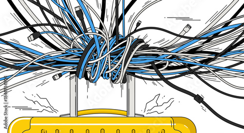A chaotic tangle of black, blue, and white cables bursts from a bright yellow base, symbolizing complex digital infrastructure and data challenges.