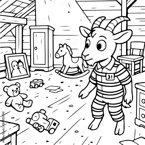 Goat in The Room: An illustration showing a cartoon goat in a playroom, surrounded by various toys, with a whimsical and playful ambiance.