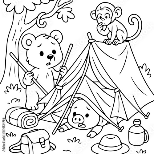 Camping Adventure: A curious bear, a determined pig, and an observant monkey are engrossed in setting up a tent in the forest, surrounded by their camping essentials.