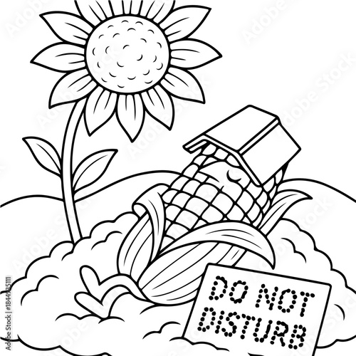 Do Not Disturb Corn in Resting: A charming illustration depicts a serene corn cob nestled beneath a sunflower, with a Do Not Disturb sign, inviting a sense of tranquility and rest.