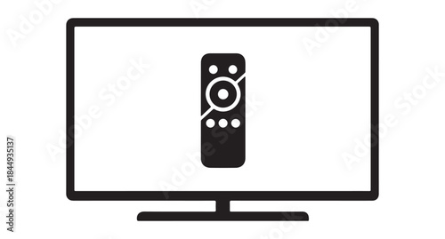  Television screen displaying a black silhouette of a remote control with buttons silhouette