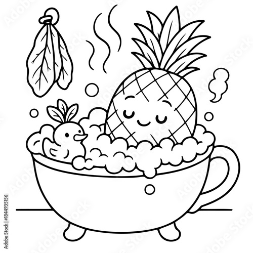 Pineapple's Relaxing Bath: An adorable, cartoon-style depiction of a pineapple enjoying a relaxing bath, accompanied by a little duck. The scene evokes a sense of peace and tranquility.