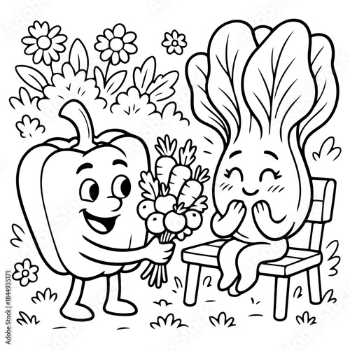 Vegetable Romance: A charming illustration depicts a pepper presenting a bouquet to a delighted bok choy, set in a whimsical garden setting.