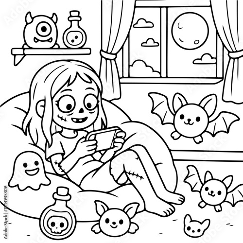 Spooky Girl Playing Game: A playful illustration depicts a girl engrossed in her video game within a room filled with Halloween themed decorations like bat, ghost and moon.