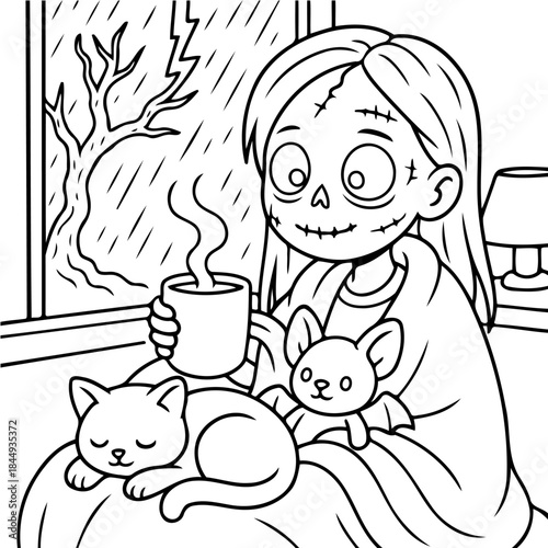 Cozy Rainy Day: Illustration depicts a charming scene of a girl with a unique appearance sipping from a mug, nestled beside her comforting companions amidst a rainy outdoor ambiance. 