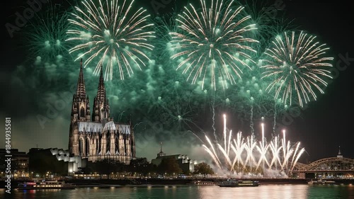 City Skyline View During Festive Fireworks Display Over River At Night