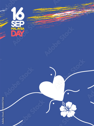 Malaysia Day, a three peace pigeons bird with a white heart love shape symbol and a white hibiscus flower on a blue background with yellow, red and white brush strokes and text and date.