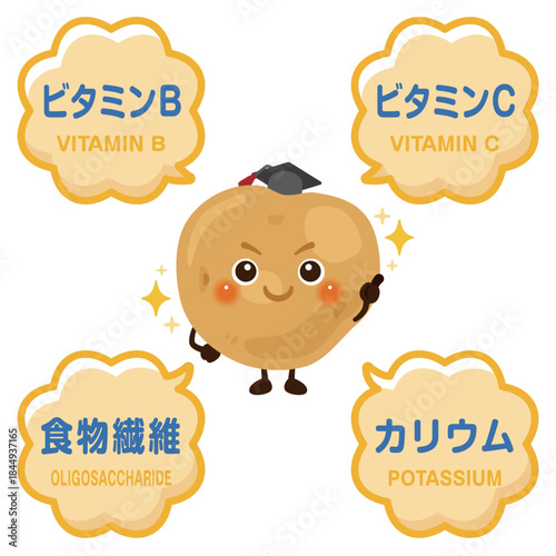 じゃがいものキャラクターとじゃがいもに含まれる成分イラスト／Cute Potato Character Illustration with Nutrients