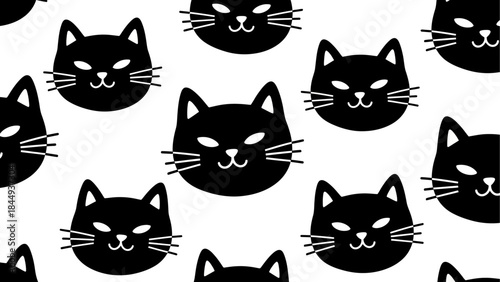 Whimsical Black Cat Faces with White Whiskers on a Clean White Background - Adorable Pet Pattern