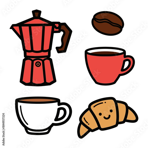 Cute Cartoon Coffee Break Set with Moka Pot, Coffee Cups, and Croissant