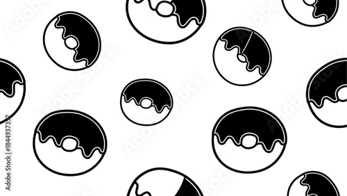 Monochromatic donut pattern illustration with black outlines on a white background, representing sweet treats