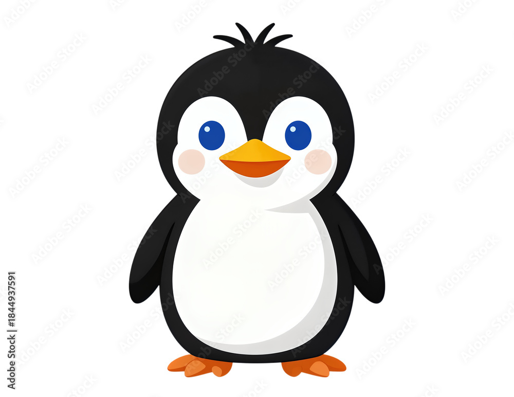 Obraz premium Cute cartoon penguin with blue eyes and orange beak.