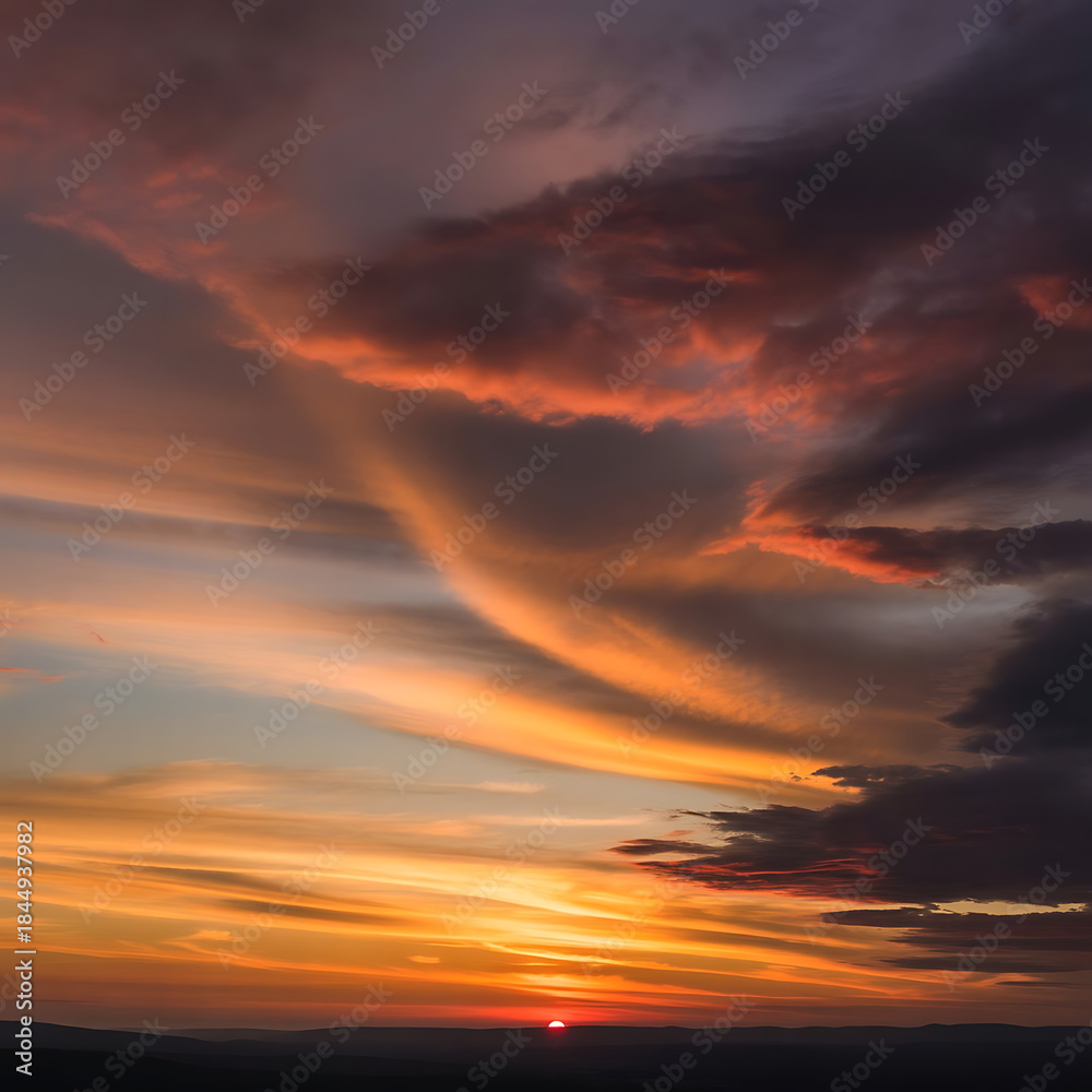 Fototapeta premium Vibrant sunset with dramatic clouds and orange glow