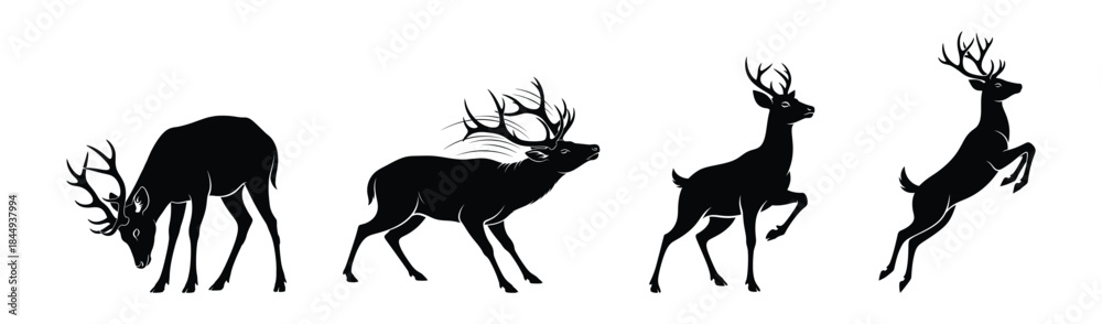 Obraz premium Dynamic progression of a majestic deer's movement shown through elegant black silhouette illustrations