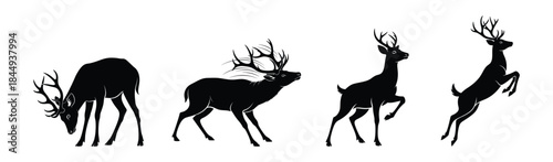 Dynamic progression of a majestic deer's movement shown through elegant black silhouette illustrations