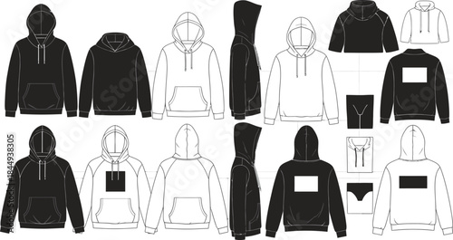Technical flat sketches of various hoodie designs in black and white