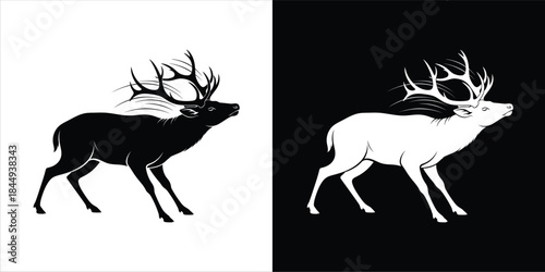 Striking Silhouette Illustration of a Majestic Elk with Impressive Antlers in Contrast