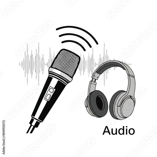 Microphone and Headphones Audio Equipment Illustration.