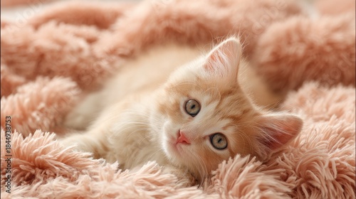 Adorable fluffy kitten resting on a soft pink blanket