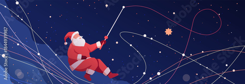 Santa Claus Christmas cosmic fishing concept festive night sky abstract lines stars deep blue background creative holiday banner