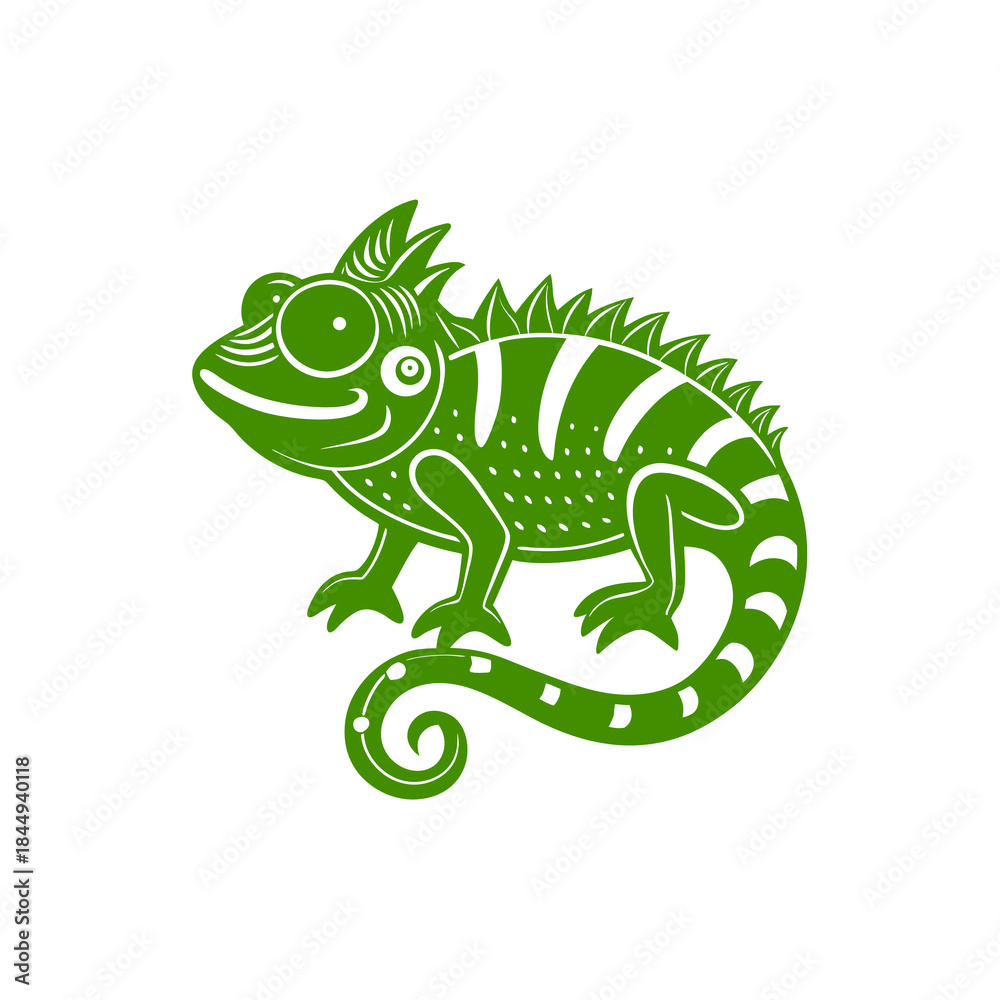 Obraz premium A stylized green chameleon with a curled tail and spiky dorsal crest, rendered in a graphic illustration style.