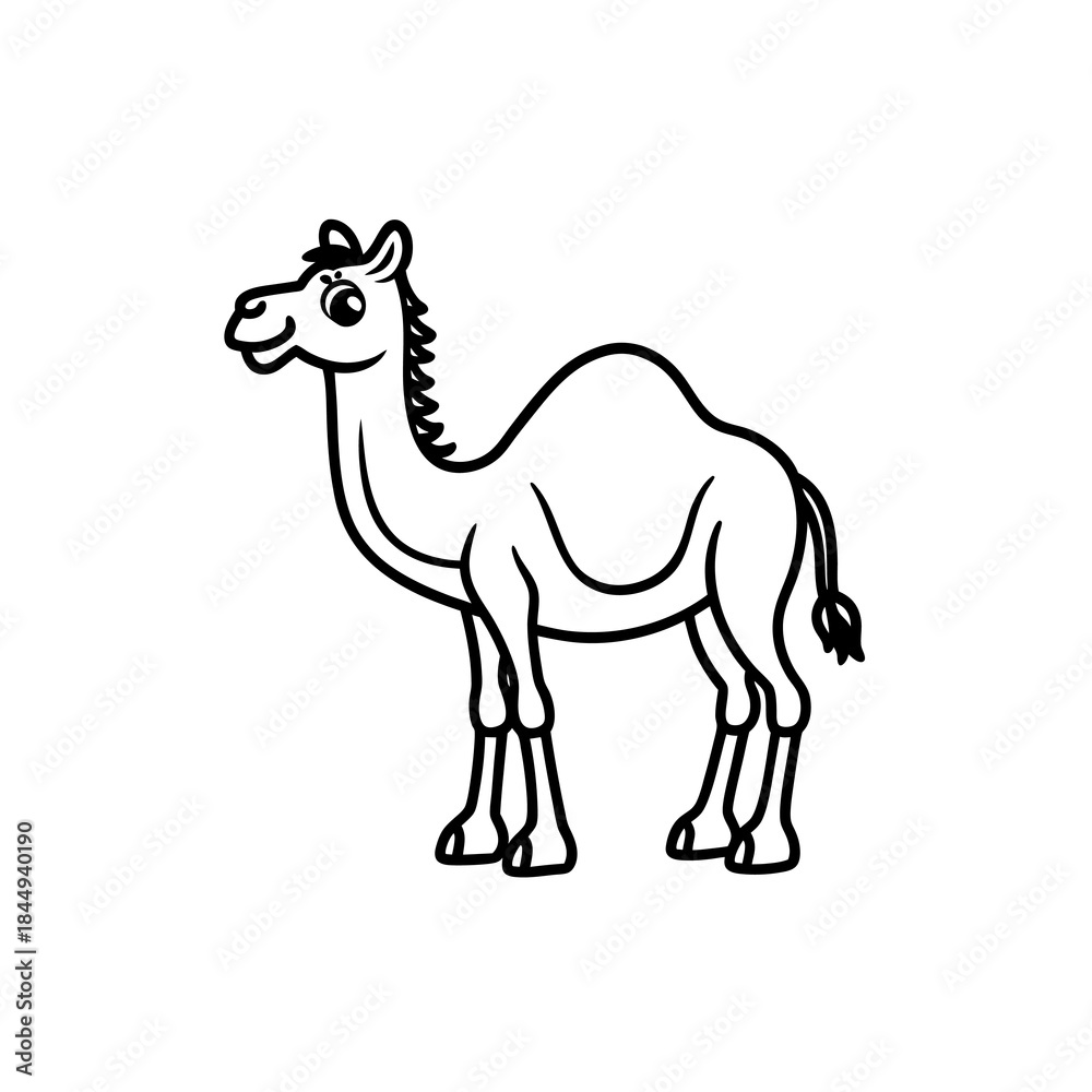 Fototapeta premium A simple black and white line drawing of a camel standing on a white background.