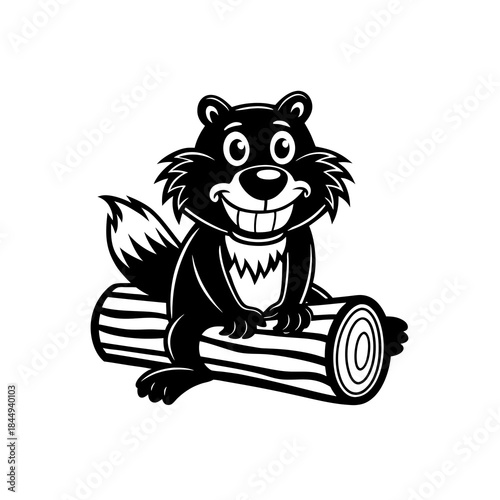 A cartoon black squirrel with a big smile sits on a log, its bushy tail curled behind it.