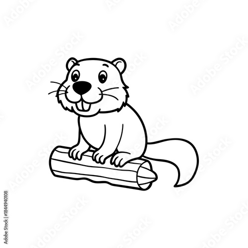 A cute cartoon beaver sitting on a log, with a happy expression and buck teeth.