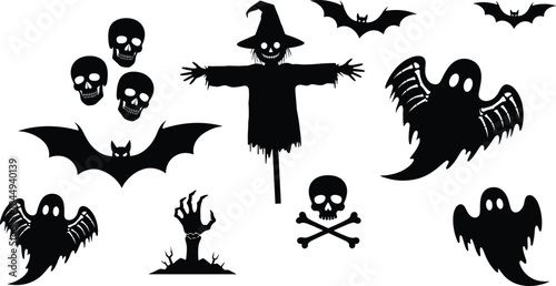 Halloween silhouette set, spooky ghosts bats skulls scarecrow witch elements, black vector icons isolated, horror holiday design collection illustration background