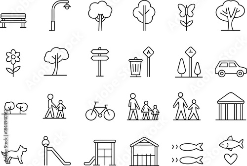 Minimal park icon set, urban outdoor line symbols, trees people playground bicycle bench car nature illustration vector design collection isolated