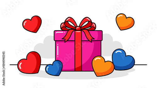 Pink-wrapped gift with scattered heart decorations vector illustration, bold playful colors and clean flat design, isolated on white with copy space